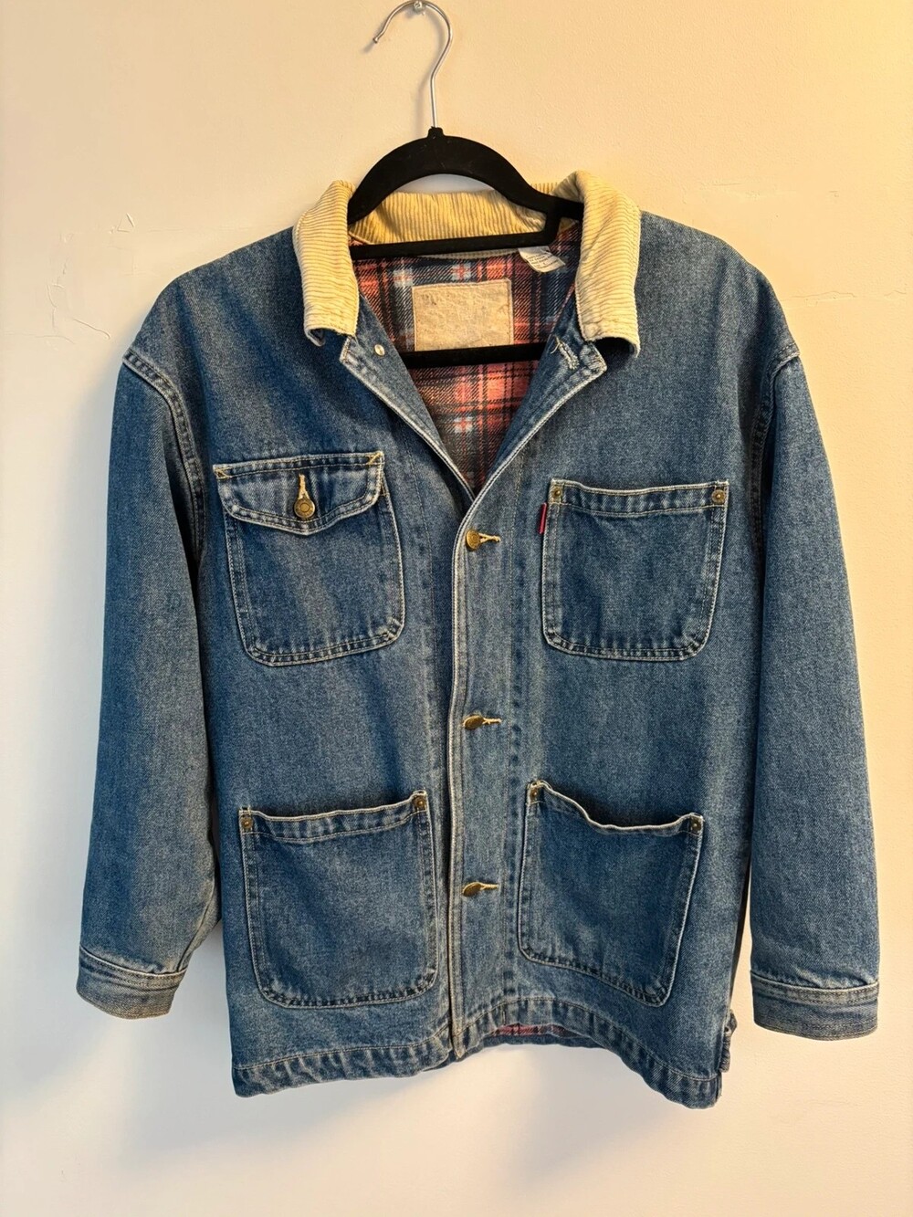 Vintage Bugle Boy Denim Barn Coat Plaid Lined Corduroy Collar Size L